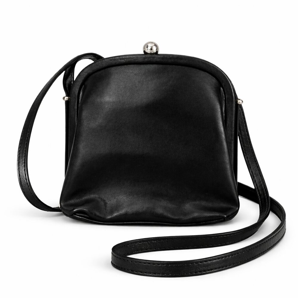 MB Vintage Style Black Crossbody Bag Kiss Lock Clasp Mini Purse - Picture 3 of 12